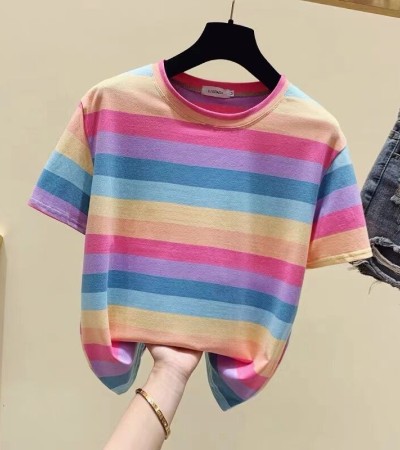 Super Popular Striped Korean Style Loose Round Neck Ins Short Sleeve T-shirt