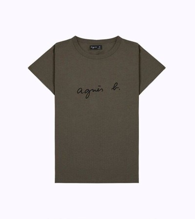 Spring and summer new agnes b cursive PALEESIJA letters pure cotton short-sleeved T-shirt dark blue women's clothing